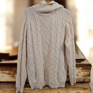 BLARNEY Woollen Aran Originals Merino Hooded Cowl Cableknit Pullover Sweater XL